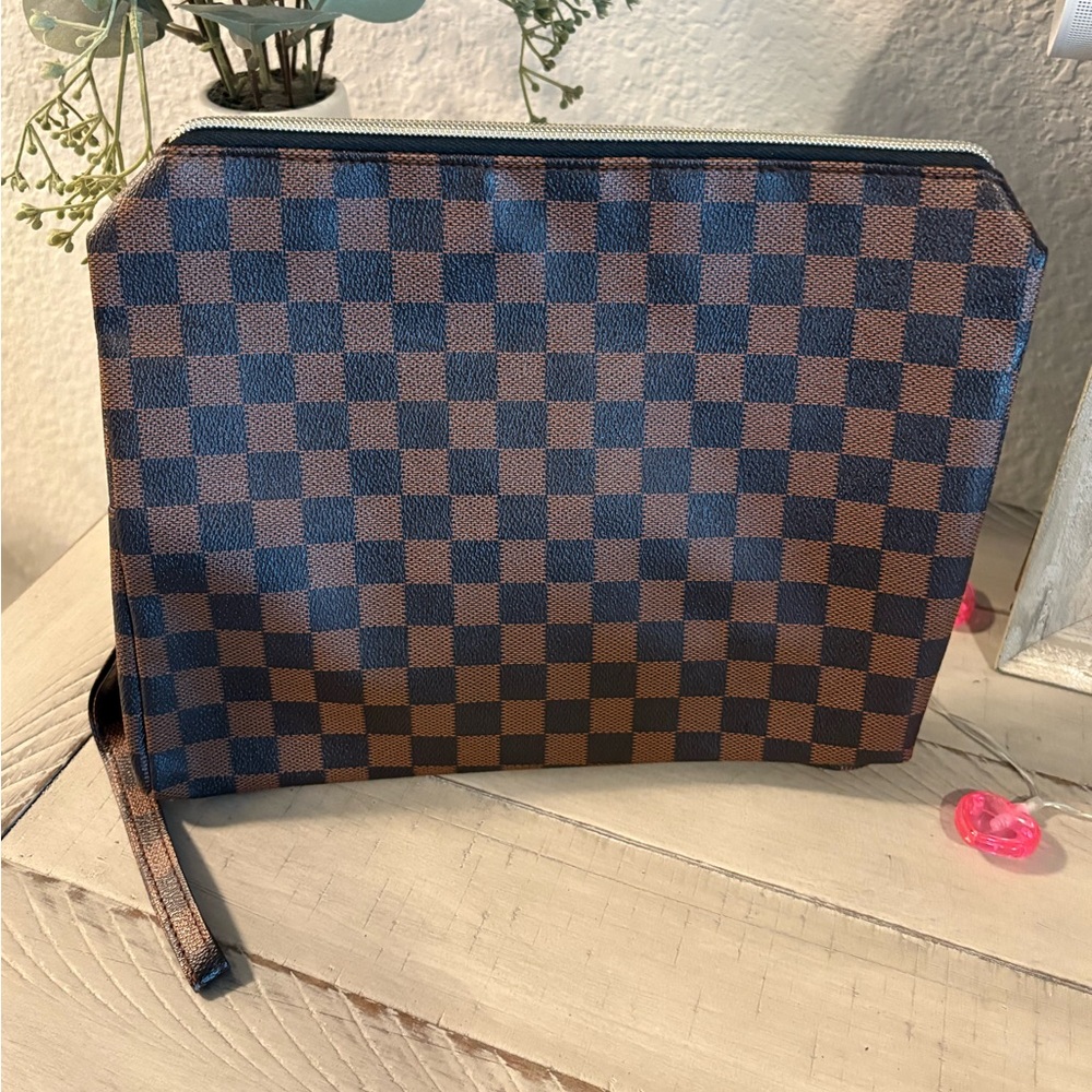 Brown Checkered Makeup Bag